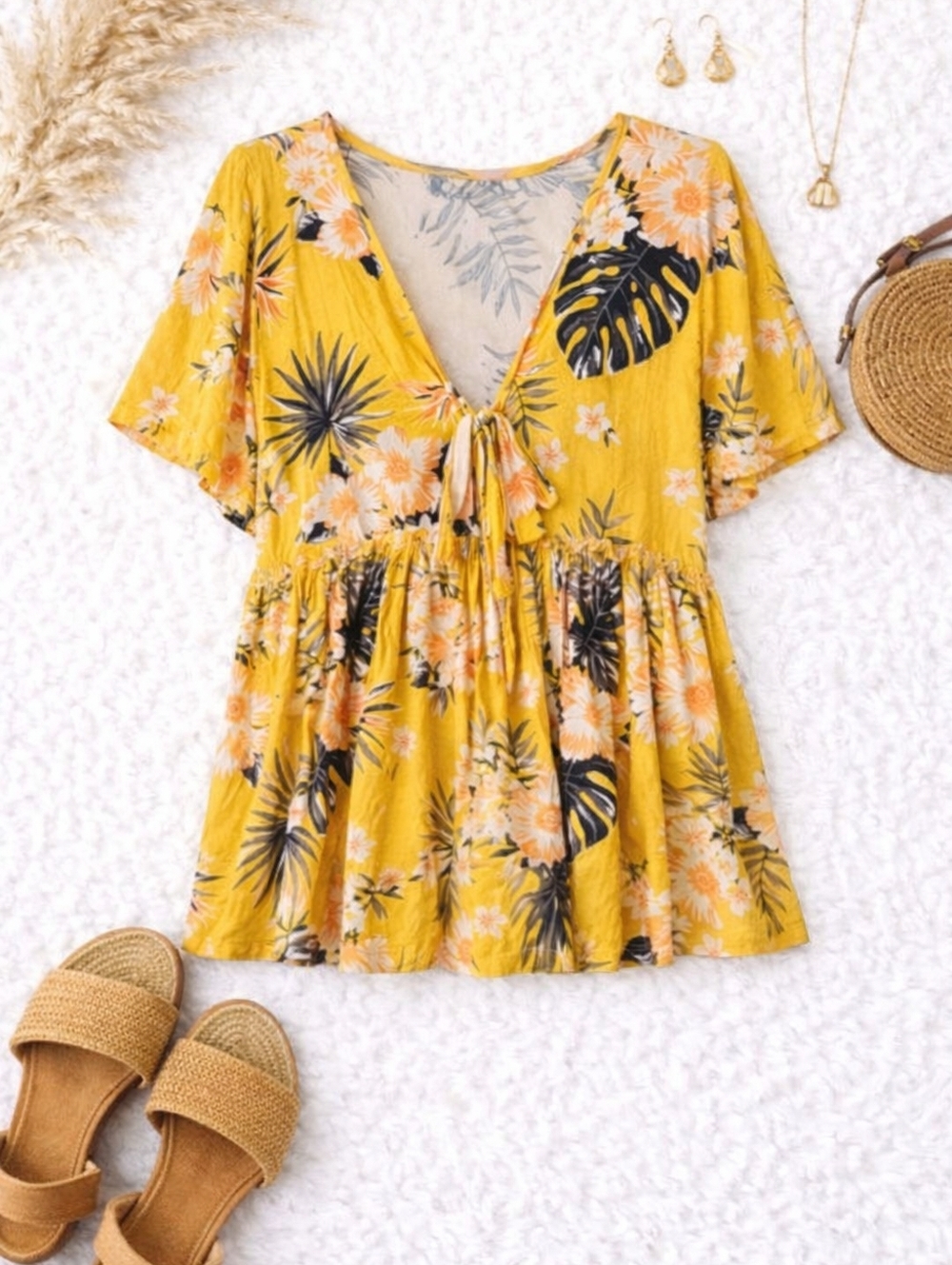 NWT ArtJuly Yellow Tropical Tie Front Peplum Top 2XL